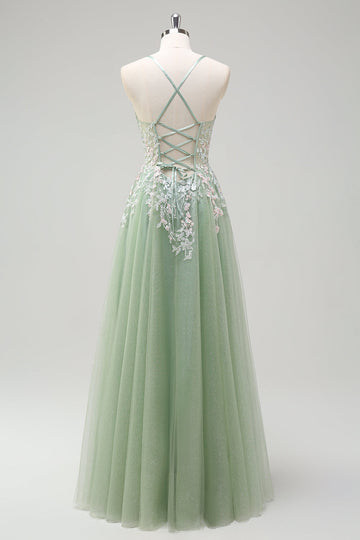 Sage A-Line Spaghetti Straps Tulle Abito lungo da ballo con applicazioni